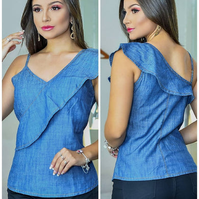 Blusa Regata Jeans Babado Paixão